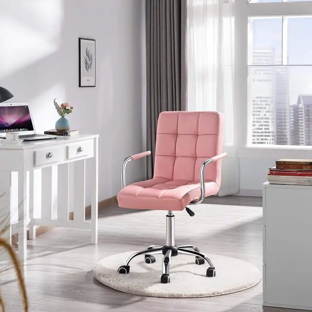 Alt view image 4 of 6 - Modern PU Leather Desk Office Chairs with Wheels/Armrests Height Adjustable Home Computer Executive Chair on Wheels 360° Swivel, Pink