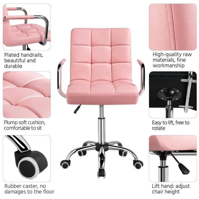 Alt view image 6 of 6 - Modern PU Leather Desk Office Chairs with Wheels/Armrests Height Adjustable Home Computer Executive Chair on Wheels 360° Swivel, Pink