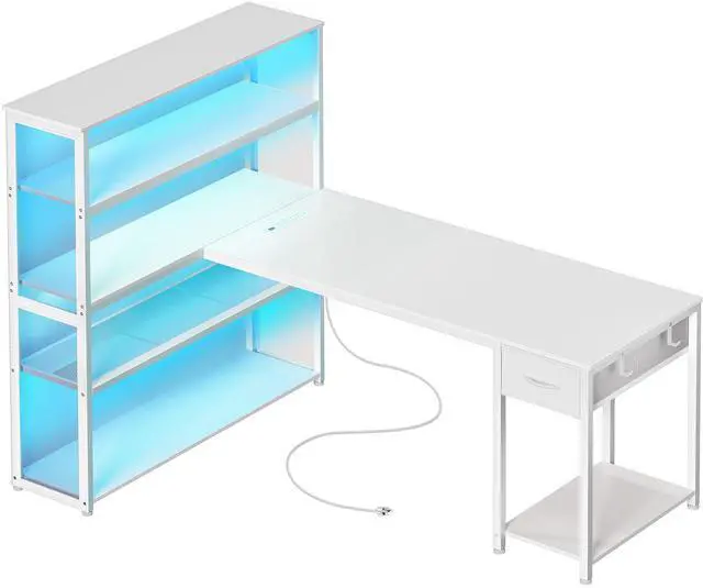 Main image of 57 Inch L Shaped Gaming Computer Desk with Larger Open Cabinet, Reverisble Office Desk with Power Outlets, LED Lights, Work Desk, Fabric Drawer, Adjustable Wood and Mesh Shelf, White