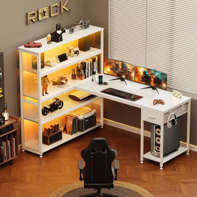 Alt view image 2 of 6 - 57 Inch L Shaped Gaming Computer Desk with Larger Open Cabinet, Reverisble Office Desk with Power Outlets, LED Lights, Work Desk, Fabric Drawer, Adjustable Wood and Mesh Shelf, White