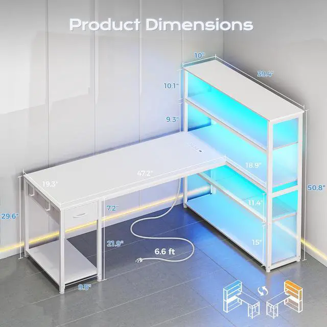 Alt view image 3 of 6 - 57 Inch L Shaped Gaming Computer Desk with Larger Open Cabinet, Reverisble Office Desk with Power Outlets, LED Lights, Work Desk, Fabric Drawer, Adjustable Wood and Mesh Shelf, White