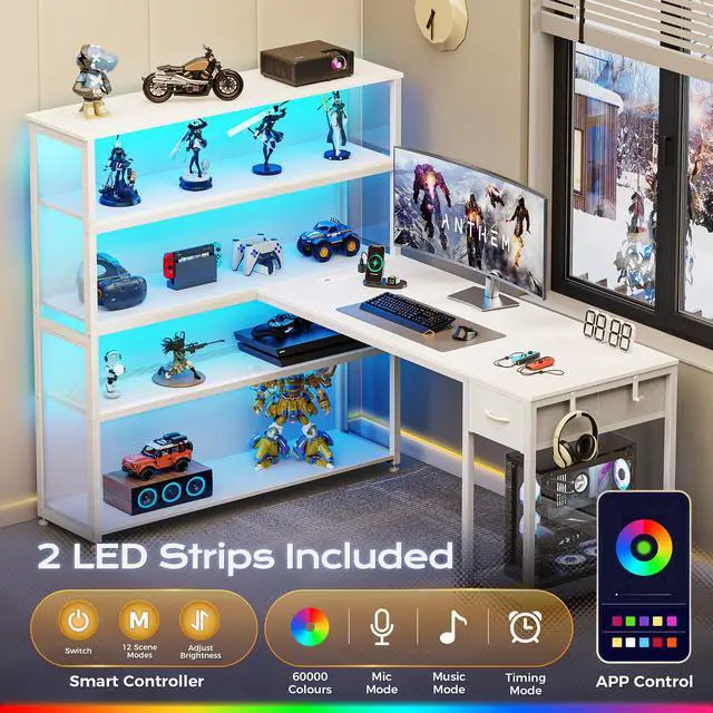 Alt view image 5 of 6 - 57 Inch L Shaped Gaming Computer Desk with Larger Open Cabinet, Reverisble Office Desk with Power Outlets, LED Lights, Work Desk, Fabric Drawer, Adjustable Wood and Mesh Shelf, White