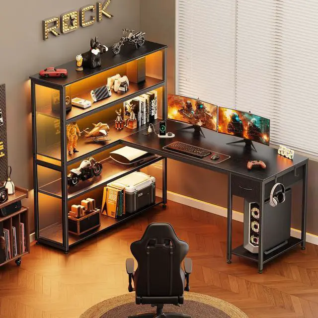Main image of 57 Inch L Shaped Gaming Computer Desk with Larger Open Cabinet, Reverisble Office Desk with Power Outlets, LED Lights, Work Desk, Fabric Drawer, Adjustable Wood and Mesh Shelf, Black
