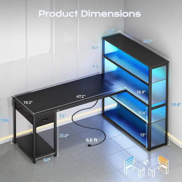 Alt view image 2 of 6 - 57 Inch L Shaped Gaming Computer Desk with Larger Open Cabinet, Reverisble Office Desk with Power Outlets, LED Lights, Work Desk, Fabric Drawer, Adjustable Wood and Mesh Shelf, Black
