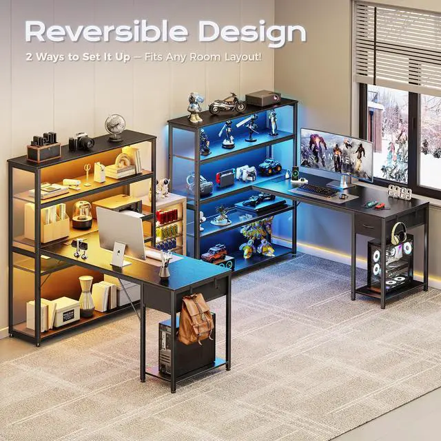 Alt view image 3 of 6 - 57 Inch L Shaped Gaming Computer Desk with Larger Open Cabinet, Reverisble Office Desk with Power Outlets, LED Lights, Work Desk, Fabric Drawer, Adjustable Wood and Mesh Shelf, Black