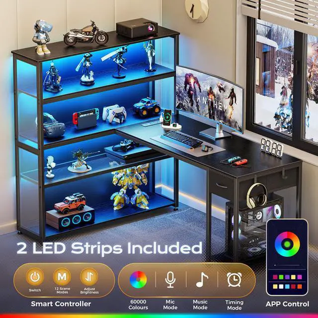 Alt view image 4 of 6 - 57 Inch L Shaped Gaming Computer Desk with Larger Open Cabinet, Reverisble Office Desk with Power Outlets, LED Lights, Work Desk, Fabric Drawer, Adjustable Wood and Mesh Shelf, Black