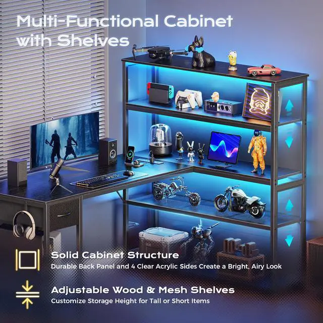 Alt view image 6 of 6 - 57 Inch L Shaped Gaming Computer Desk with Larger Open Cabinet, Reverisble Office Desk with Power Outlets, LED Lights, Work Desk, Fabric Drawer, Adjustable Wood and Mesh Shelf, Black