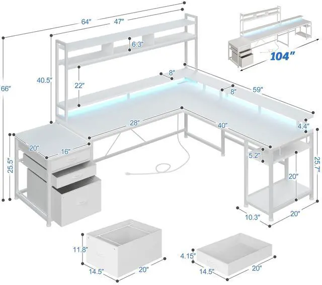 Alt view image 2 of 6 - 104''L Shaped Desk with 4 Layouts,Outlet for Two Person Home Office | 4 Layout Sizes 64''104'', Multi-Room Compatibility, 4 AC+2 USB Outlet, Multi-Monitor Stand, Simultaneous Work and Charging