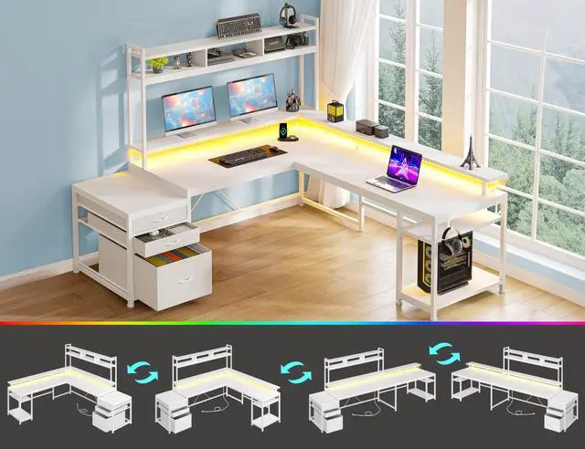 Alt view image 3 of 6 - 104''L Shaped Desk with 4 Layouts,Outlet for Two Person Home Office | 4 Layout Sizes 64''104'', Multi-Room Compatibility, 4 AC+2 USB Outlet, Multi-Monitor Stand, Simultaneous Work and Charging