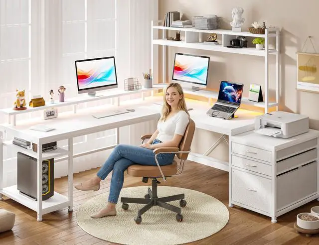 Alt view image 4 of 6 - 104''L Shaped Desk with 4 Layouts,Outlet for Two Person Home Office | 4 Layout Sizes 64''104'', Multi-Room Compatibility, 4 AC+2 USB Outlet, Multi-Monitor Stand, Simultaneous Work and Charging