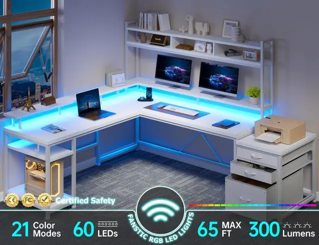 Alt view image 6 of 6 - 104''L Shaped Desk with 4 Layouts,Outlet for Two Person Home Office | 4 Layout Sizes 64''104'', Multi-Room Compatibility, 4 AC+2 USB Outlet, Multi-Monitor Stand, Simultaneous Work and Charging