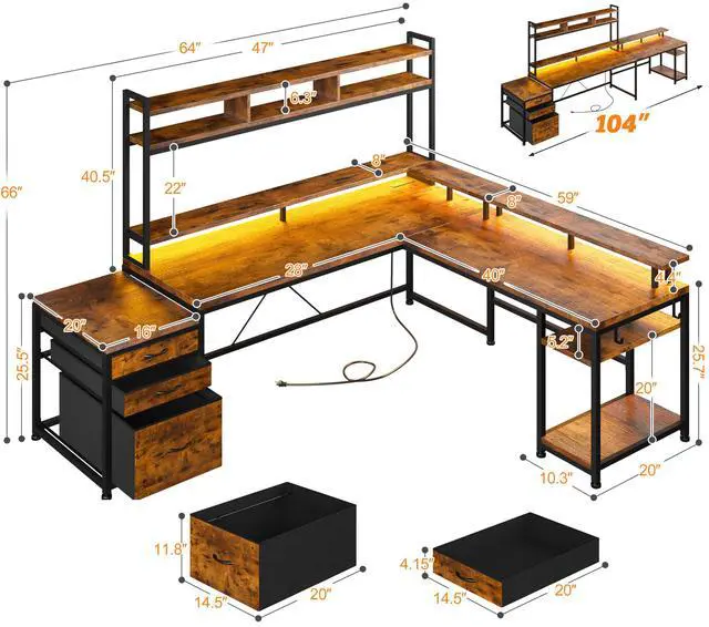 Alt view image 2 of 6 - 104" L Shaped Desk, 4 Layout Convertible RGB Lights & Monitor Stand | 4-Layout L Shaped Home Workstation, 64104Expandable, Charging Ports, Dual Mounts & Storage for Remote Workers, Designers