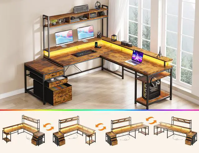 Alt view image 3 of 6 - 104" L Shaped Desk, 4 Layout Convertible RGB Lights & Monitor Stand | 4-Layout L Shaped Home Workstation, 64104Expandable, Charging Ports, Dual Mounts & Storage for Remote Workers, Designers