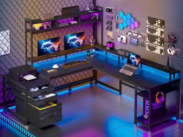 Main image of 64x59 Inch Two Person L Shaped Gaming Desk with Shelf & LED Lights | 4-Layout with 4 AC+2 USB Charging Ports, Remote Lights for Gaming Room, Black