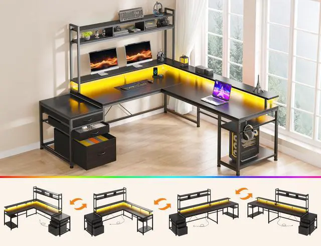 Alt view image 3 of 6 - 64x59 Inch Two Person L Shaped Gaming Desk with Shelf & LED Lights | 4-Layout with 4 AC+2 USB Charging Ports, Remote Lights for Gaming Room, Black