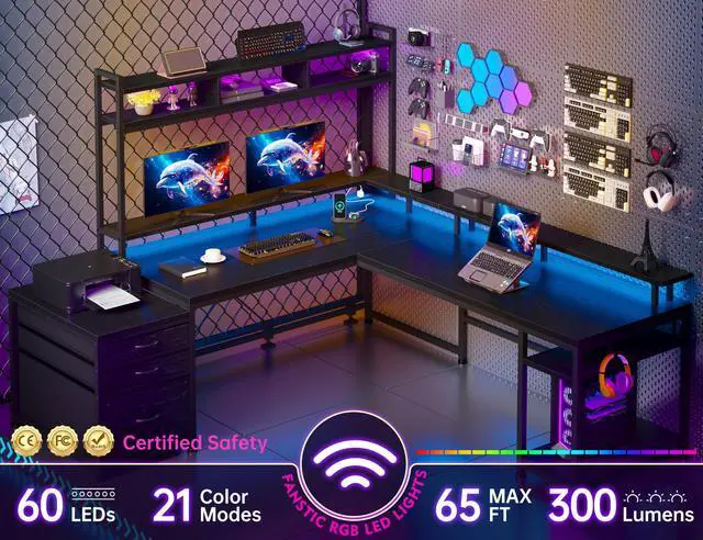 Alt view image 4 of 6 - 64x59 Inch Two Person L Shaped Gaming Desk with Shelf & LED Lights | 4-Layout with 4 AC+2 USB Charging Ports, Remote Lights for Gaming Room, Black