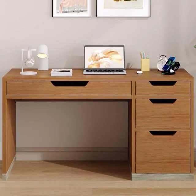Alt view image 2 of 6 - 52 Inch Desk with 4 Drawers, Small Computer Desk for Small Space, Home Office Desk with Storage File Drawer for Bedroom, Brown