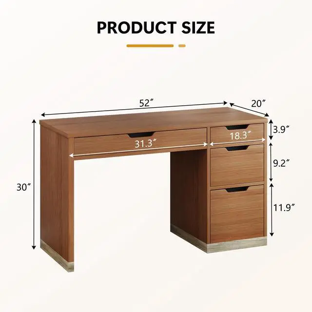Alt view image 3 of 6 - 52 Inch Desk with 4 Drawers, Small Computer Desk for Small Space, Home Office Desk with Storage File Drawer for Bedroom, Brown