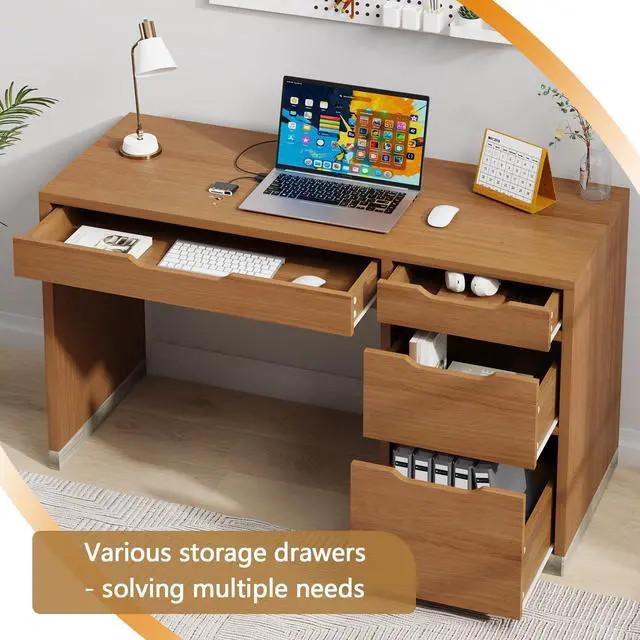 Alt view image 4 of 6 - 52 Inch Desk with 4 Drawers, Small Computer Desk for Small Space, Home Office Desk with Storage File Drawer for Bedroom, Brown