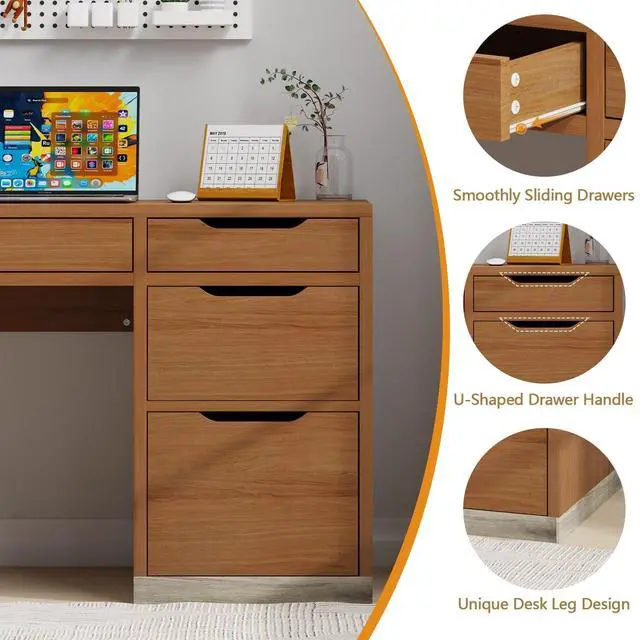 Alt view image 5 of 6 - 52 Inch Desk with 4 Drawers, Small Computer Desk for Small Space, Home Office Desk with Storage File Drawer for Bedroom, Brown