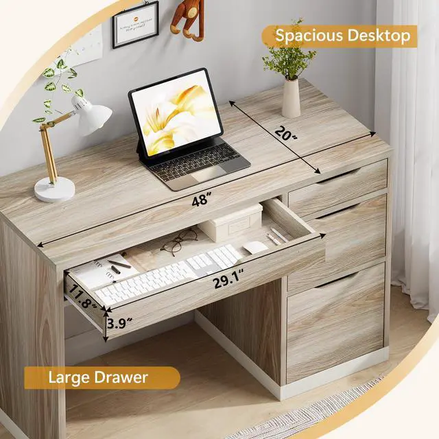 Alt view image 4 of 6 - 48 Inch Small Desk with Drawers, Computer Desk with Storage File Drawer for Bedroom, Office Desk with Storage for Small Space, Light Walnut