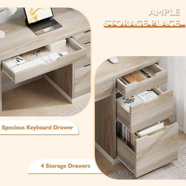 Alt view image 6 of 6 - 48 Inch Small Desk with Drawers, Computer Desk with Storage File Drawer for Bedroom, Office Desk with Storage for Small Space, Light Walnut