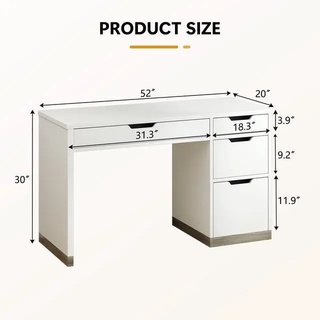 Alt view image 3 of 6 - 52 Inch White Desk with 4 Drawers, Computer Desk with Storage for Small Spaces with Storage File Drawer, Small Home Office Desk with Drawers for Bedroom