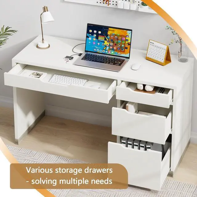 Alt view image 4 of 6 - 52 Inch White Desk with 4 Drawers, Computer Desk with Storage for Small Spaces with Storage File Drawer, Small Home Office Desk with Drawers for Bedroom