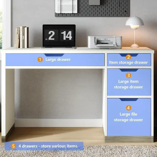 Alt view image 6 of 6 - 52 Inch White Desk with 4 Drawers, Computer Desk with Storage for Small Spaces with Storage File Drawer, Small Home Office Desk with Drawers for Bedroom