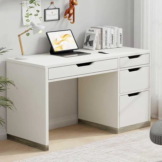 Main image of White Desk with Drawers, 48 Inch Small Computer Desk with 4 Storage Drawers for Small Space, Home Office Desk for Bedroom with Storage File Drawer