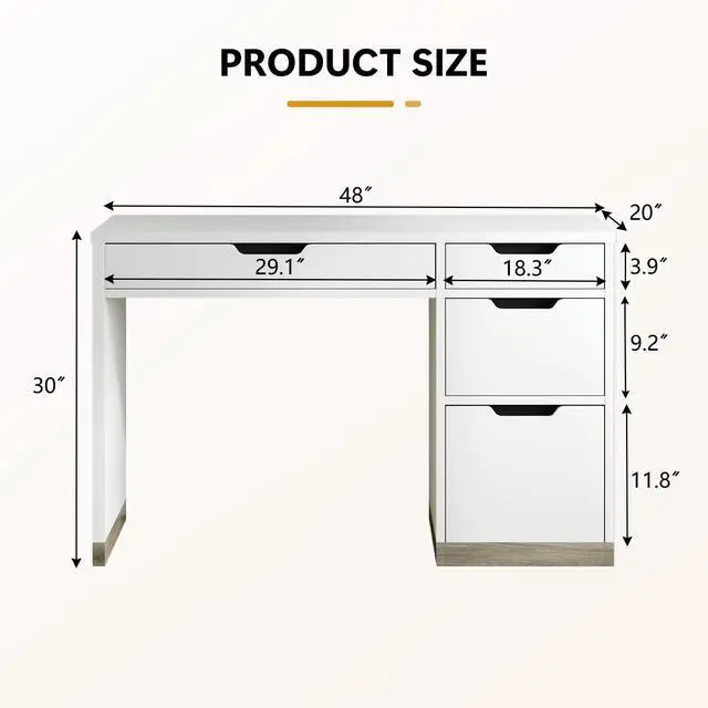 Alt view image 2 of 6 - White Desk with Drawers, 48 Inch Small Computer Desk with 4 Storage Drawers for Small Space, Home Office Desk for Bedroom with Storage File Drawer