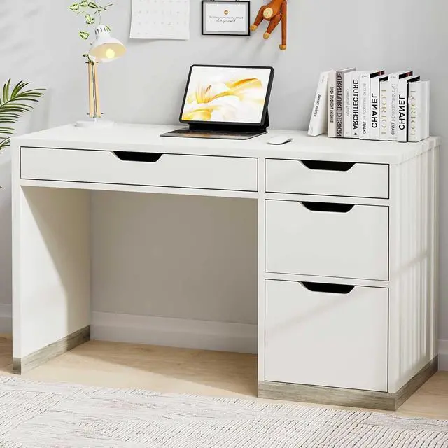 Alt view image 3 of 6 - White Desk with Drawers, 48 Inch Small Computer Desk with 4 Storage Drawers for Small Space, Home Office Desk for Bedroom with Storage File Drawer