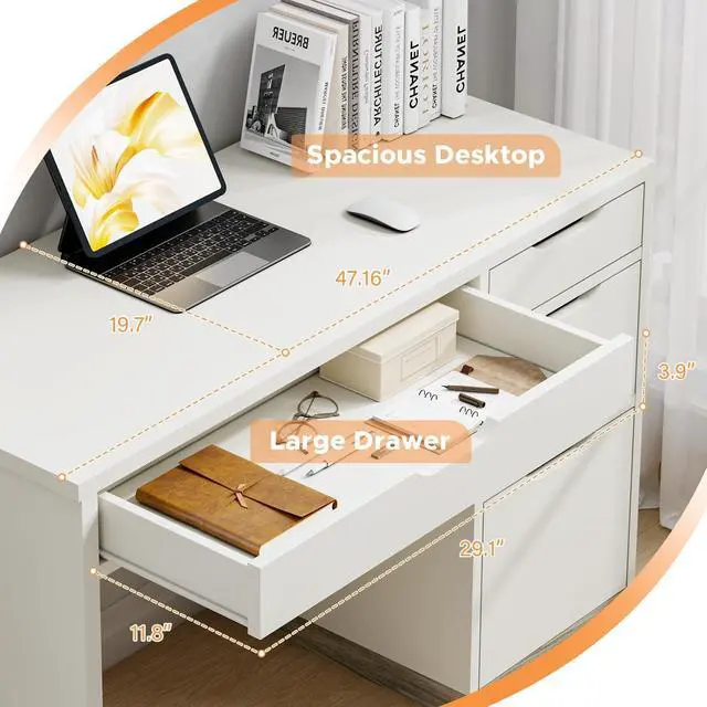 Alt view image 4 of 6 - White Desk with Drawers, 48 Inch Small Computer Desk with 4 Storage Drawers for Small Space, Home Office Desk for Bedroom with Storage File Drawer