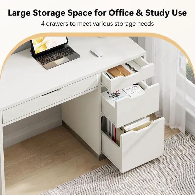 Alt view image 6 of 6 - White Desk with Drawers, 48 Inch Small Computer Desk with 4 Storage Drawers for Small Space, Home Office Desk for Bedroom with Storage File Drawer