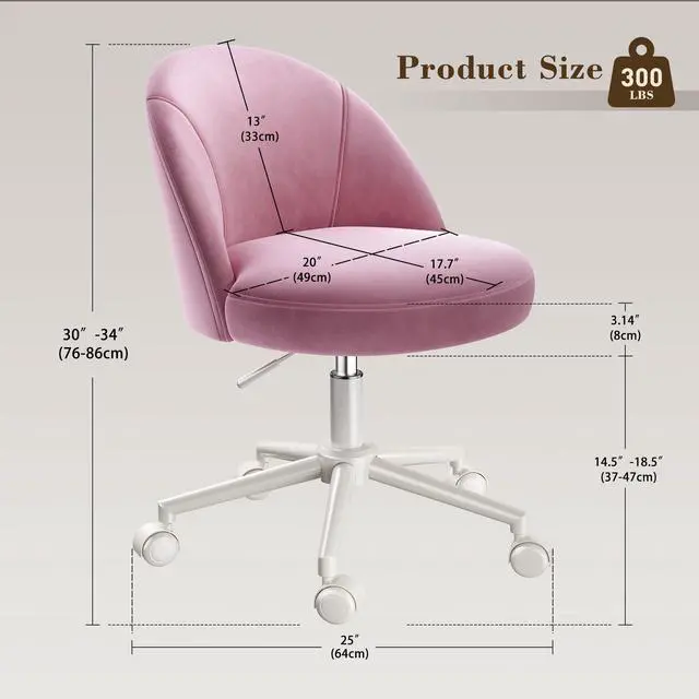 Alt view image 2 of 6 - Vanity Chair with Wheels, Swivel Desk Chair with Adjustable Height 17"21", Armless Chair Fits Most Vanity Tables, Bedroom, Dorm & Home Office, Rose Pink