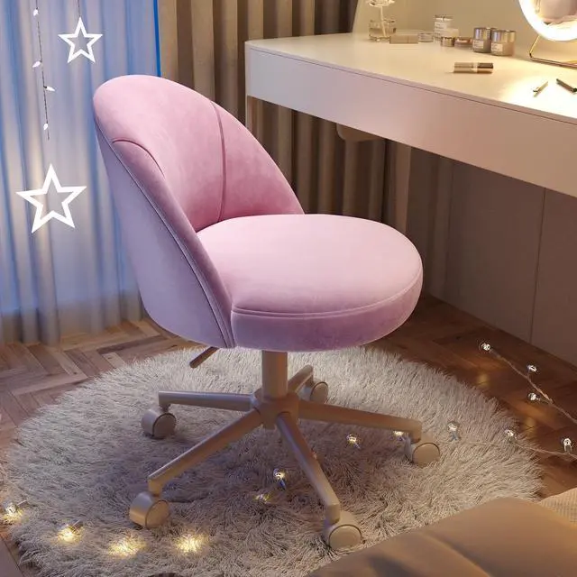Alt view image 3 of 6 - Vanity Chair with Wheels, Swivel Desk Chair with Adjustable Height 17"21", Armless Chair Fits Most Vanity Tables, Bedroom, Dorm & Home Office, Rose Pink