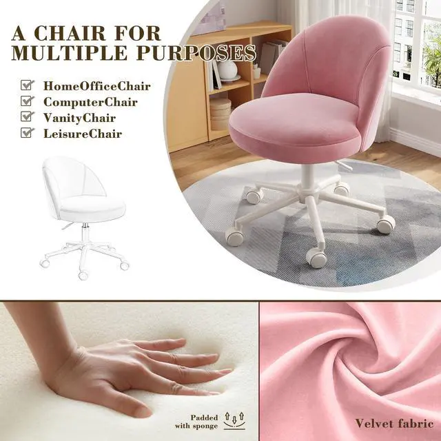 Alt view image 5 of 6 - Vanity Chair with Wheels, Swivel Desk Chair with Adjustable Height 17"21", Armless Chair Fits Most Vanity Tables, Bedroom, Dorm & Home Office, Rose Pink