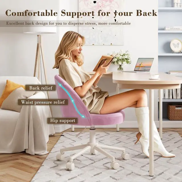 Alt view image 6 of 6 - Vanity Chair with Wheels, Swivel Desk Chair with Adjustable Height 17"21", Armless Chair Fits Most Vanity Tables, Bedroom, Dorm & Home Office, Rose Pink