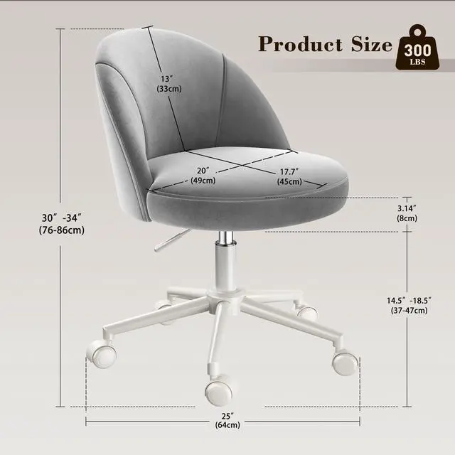 Alt view image 2 of 6 - Velvet Vanity Chair with Wheels, Ergonomic Desk Chair with Height Adjustable, Armless Makeup Chair for Home Office, Bedroom, Dorm, Muted Grey