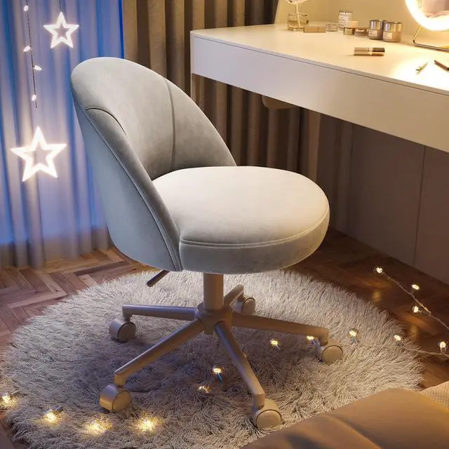 Alt view image 3 of 6 - Velvet Vanity Chair with Wheels, Ergonomic Desk Chair with Height Adjustable, Armless Makeup Chair for Home Office, Bedroom, Dorm, Muted Grey