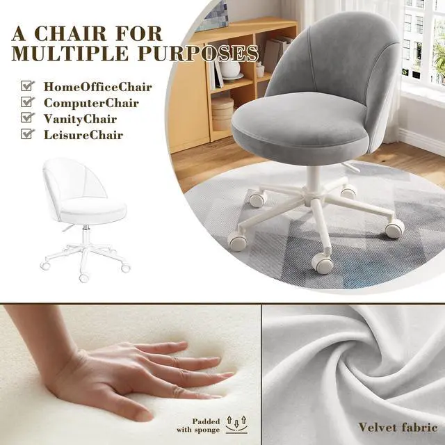 Alt view image 5 of 6 - Velvet Vanity Chair with Wheels, Ergonomic Desk Chair with Height Adjustable, Armless Makeup Chair for Home Office, Bedroom, Dorm, Muted Grey