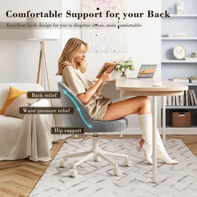Alt view image 6 of 6 - Velvet Vanity Chair with Wheels, Ergonomic Desk Chair with Height Adjustable, Armless Makeup Chair for Home Office, Bedroom, Dorm, Muted Grey