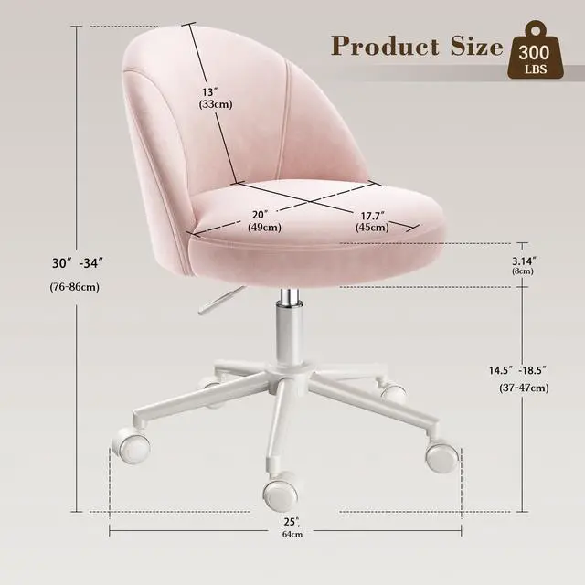 Alt view image 2 of 6 - Vanity Chair with Wheels, Pink Desk Chair with Back, Small Office Chair Armless for Makeup Room, Bedroom, Home Office