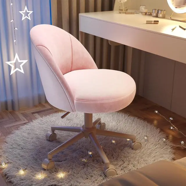 Alt view image 3 of 6 - Vanity Chair with Wheels, Pink Desk Chair with Back, Small Office Chair Armless for Makeup Room, Bedroom, Home Office