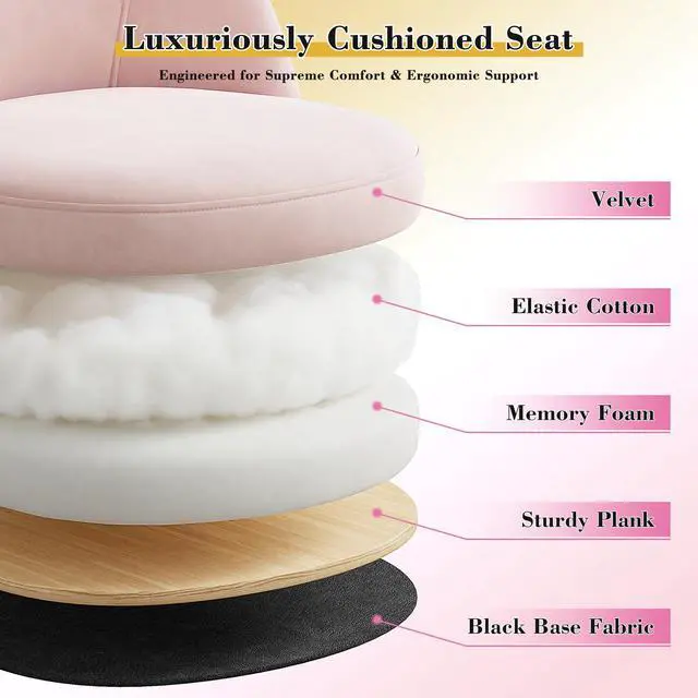 Alt view image 5 of 6 - Vanity Chair with Wheels, Pink Desk Chair with Back, Small Office Chair Armless for Makeup Room, Bedroom, Home Office