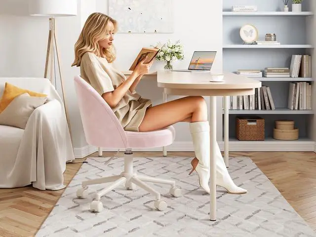 Alt view image 6 of 6 - Vanity Chair with Wheels, Pink Desk Chair with Back, Small Office Chair Armless for Makeup Room, Bedroom, Home Office