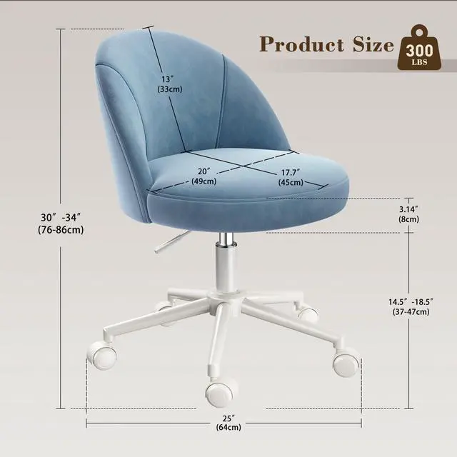 Alt view image 2 of 6 - Velvet Vanity Chair with Wheels, Armless, Height Adjustable, Blue | Swivel Desk Chair Curved Lumbar Back Support Rolling Task Chair For Makeup Vanity, Home Office & Young Teen Bedroom