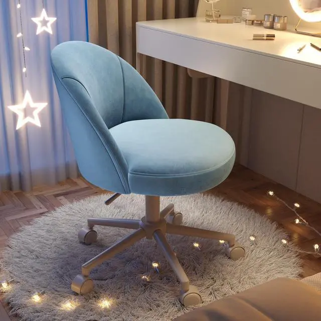 Alt view image 3 of 6 - Velvet Vanity Chair with Wheels, Armless, Height Adjustable, Blue | Swivel Desk Chair Curved Lumbar Back Support Rolling Task Chair For Makeup Vanity, Home Office & Young Teen Bedroom