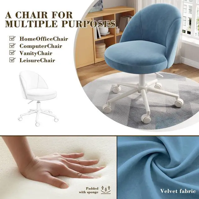 Alt view image 4 of 6 - Velvet Vanity Chair with Wheels, Armless, Height Adjustable, Blue | Swivel Desk Chair Curved Lumbar Back Support Rolling Task Chair For Makeup Vanity, Home Office & Young Teen Bedroom