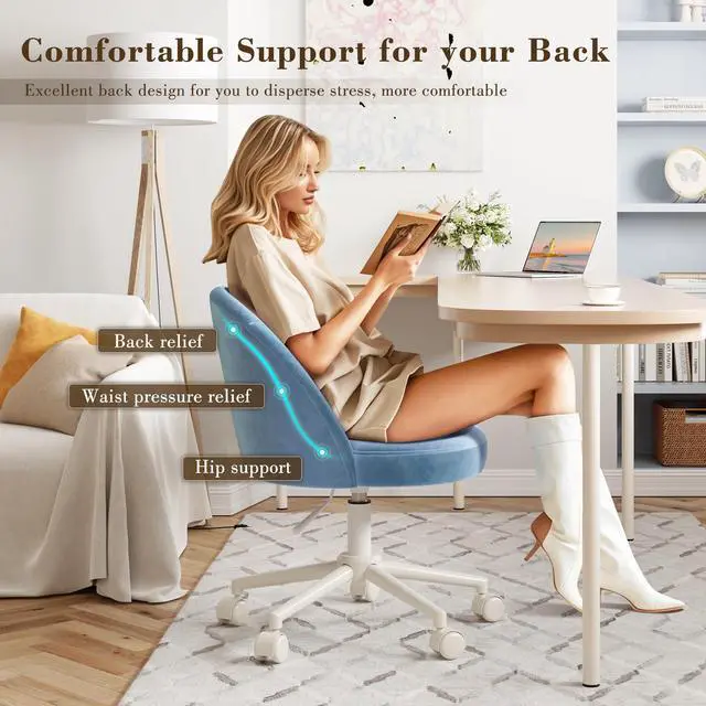 Alt view image 6 of 6 - Velvet Vanity Chair with Wheels, Armless, Height Adjustable, Blue | Swivel Desk Chair Curved Lumbar Back Support Rolling Task Chair For Makeup Vanity, Home Office & Young Teen Bedroom